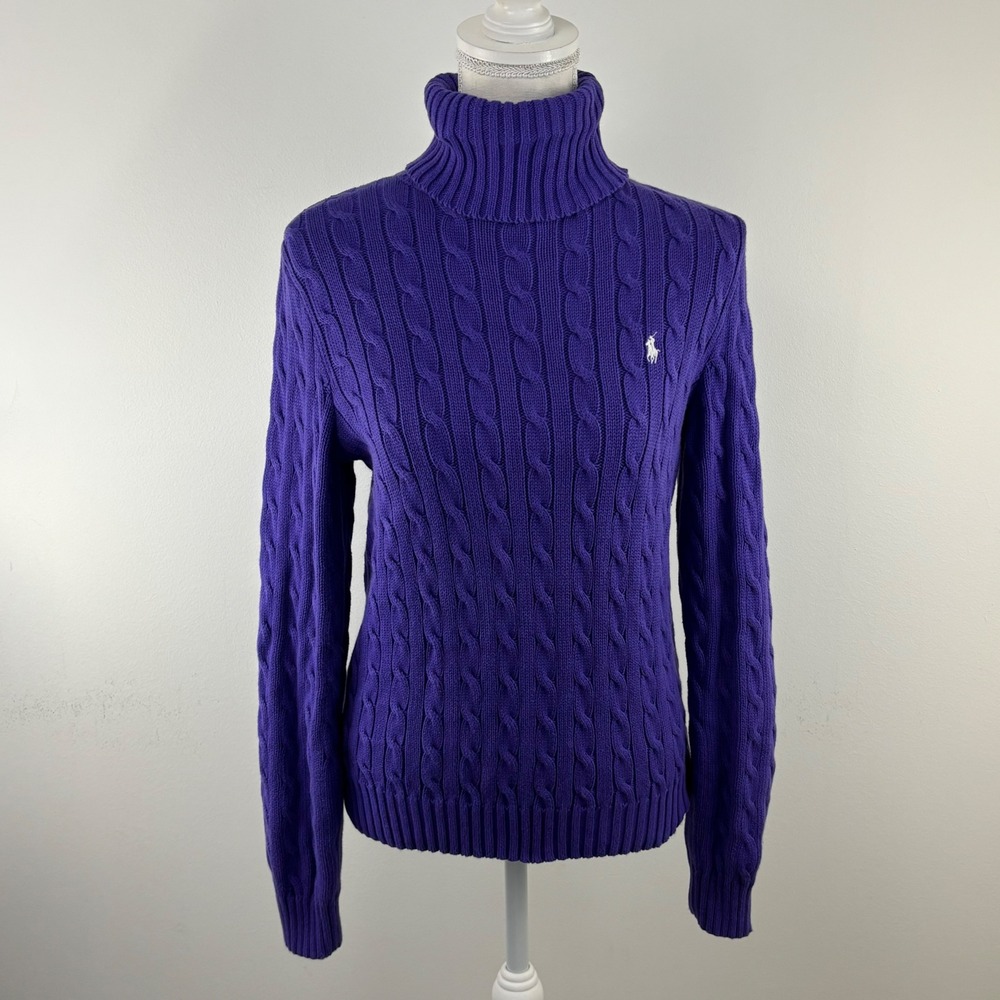 Vintage 90s Ralph Lauren Sport Purple Cable Knit Turtleneck Sweater Size Large